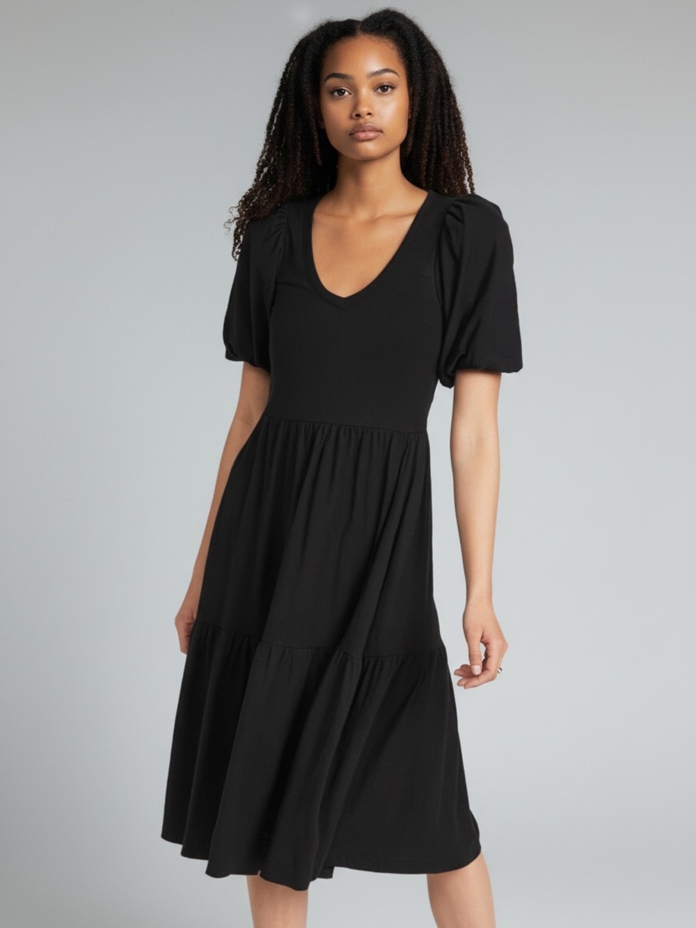 Nation LTD Geri Midi Dress M Black Tiered Puff Sleeve Cottage Casual Minimalist